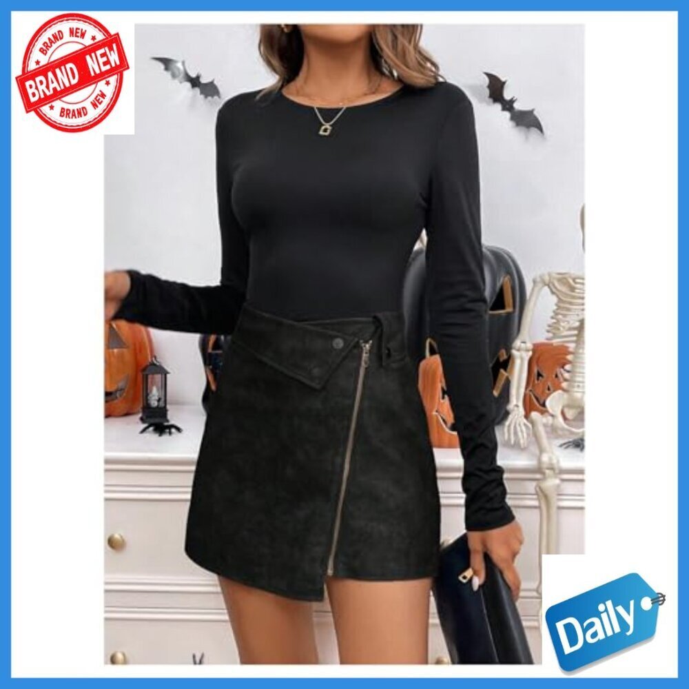 Vintage PU Leather Mini Skirt High Waist Asymmetrical Hem Zipper Up - Picture 4 of 5